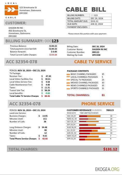 Modèle de facture de services publics pour les entreprises USA Marine Local Cable aux formats Word et PDF